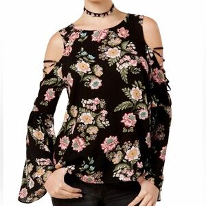 Hippie Rose Black Floral Bell Sleeve Cold Shoulder Top Large NWT Cottagecore
